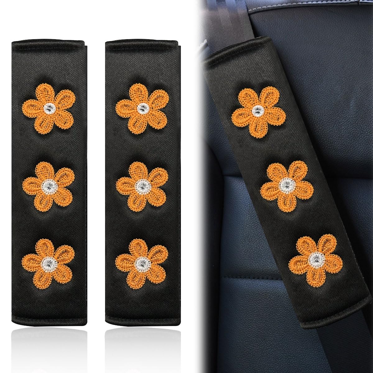 4PCS Daisy Flower Car Seat Belt Cover Pads, Protect Neck, Orange