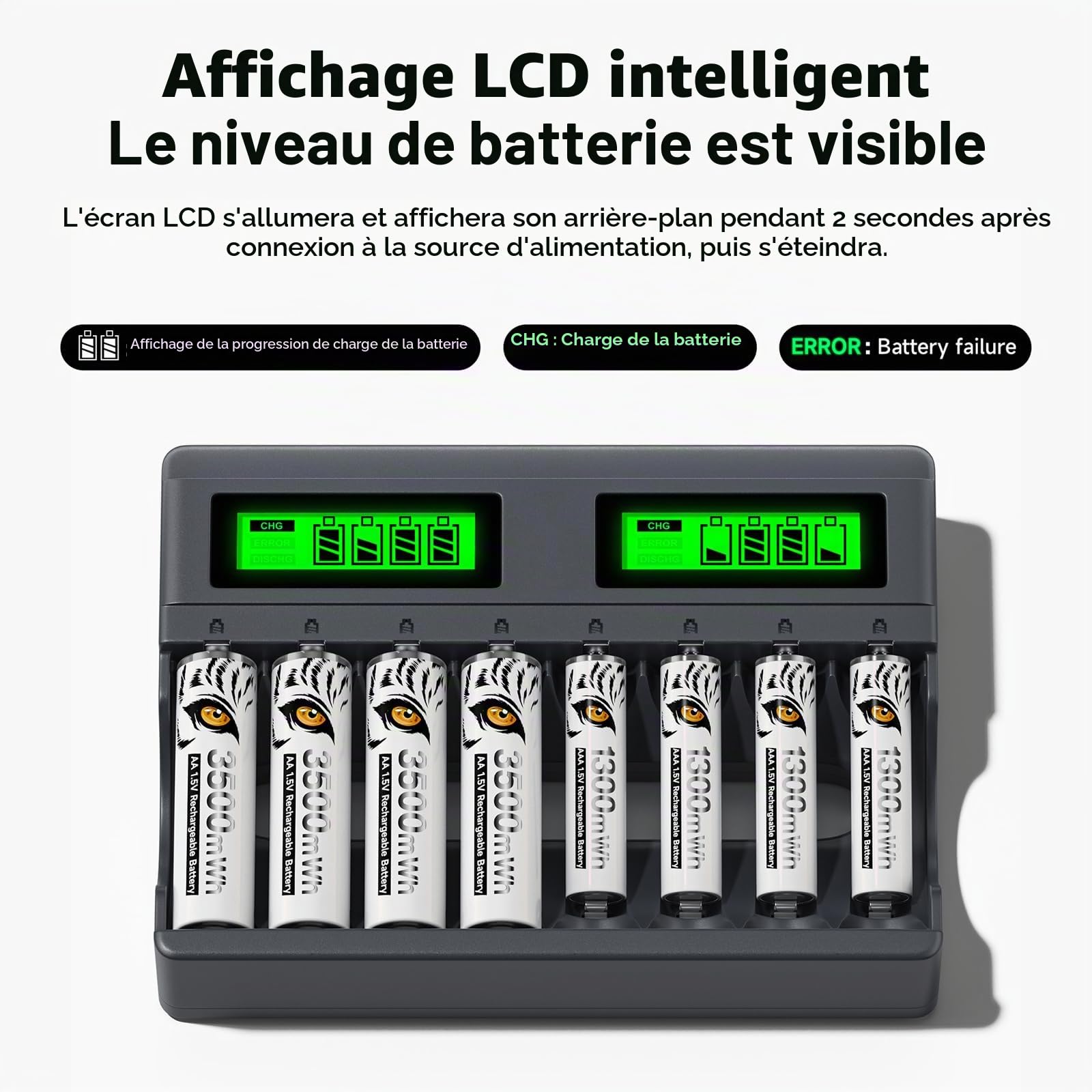 4 Piles AA 1,5 V Rechargeables avec Chargeur, 4 Piles Rechargeables au Lithium AAA avec 8 emplacements USB C Type-C Charge indépendante LCD Chargeur Rapide Intelligent pour Pile AA AAA
