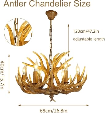Antler Chandelier, Deer Antler Chandelier 6 Lighting, Antler Chandelier Resin Deer Horn with a 47in Chain, Rustic Farmhouse Antique Resin Antler Chandelier for Kitchen, Living, Dining Room