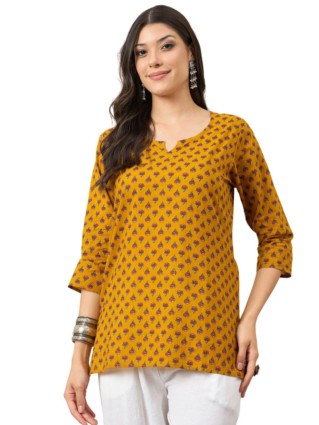 Mustard Yellow Cotton Kurti with Traditional Print, Three-Quarter Sleeves, Notched Neckline, Casual Wear-image-19