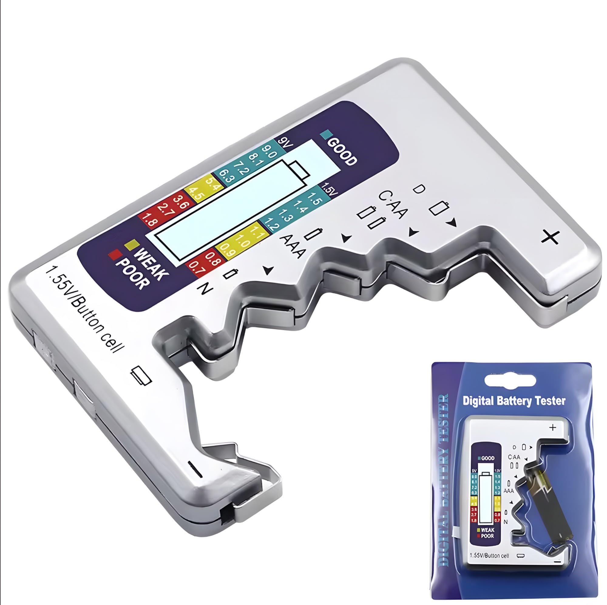 Battery Tester, Digital, 24x7 eMall, AA, AAA, 9V, C, D, N, Button Cell, Portable (Silver)