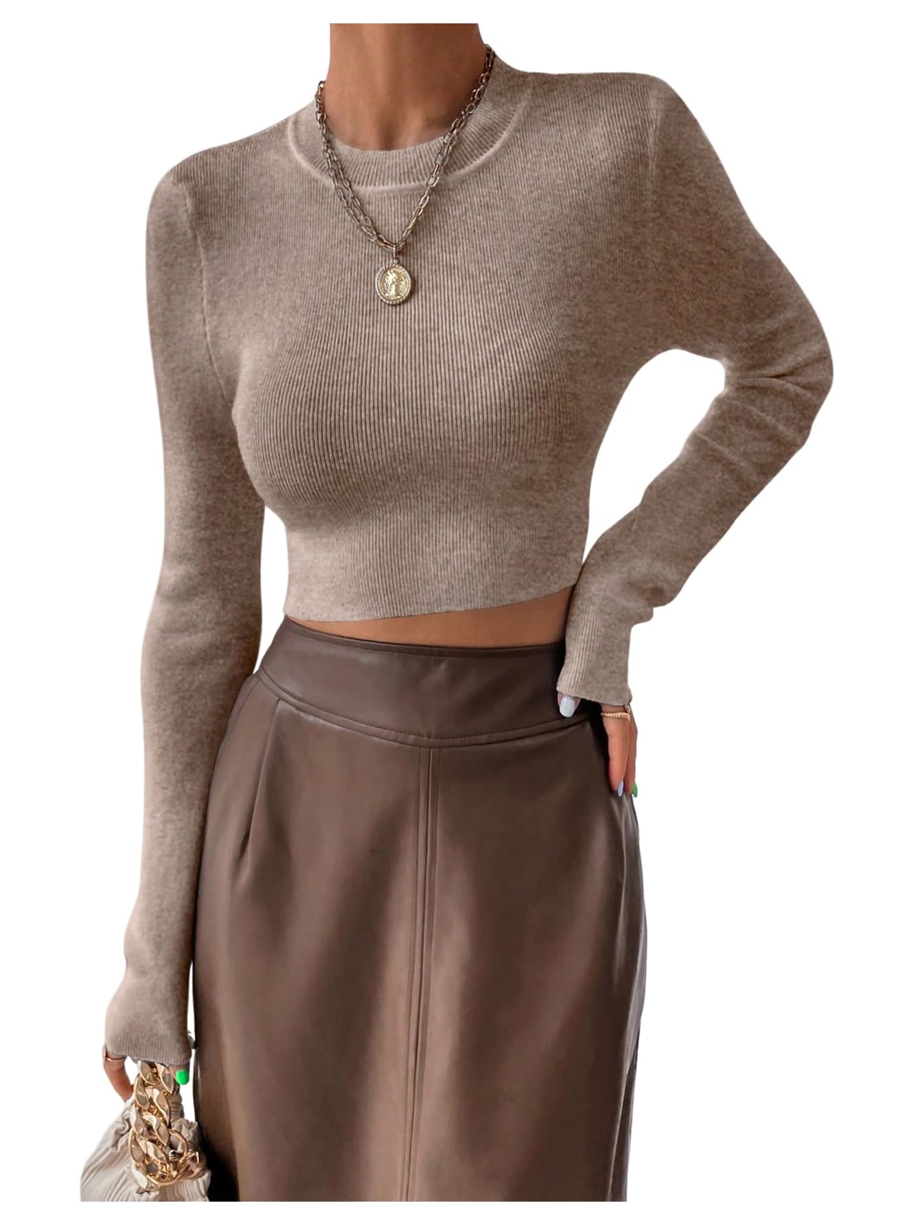 SHENHE Womens Ribbed Knit Long Sleeve Sweater Slim Fit Crewneck Basic Cropped Sweater Jumper