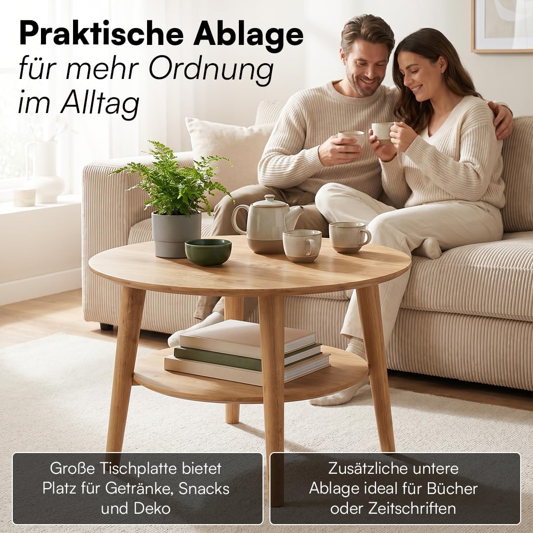 skølm Mjölnir Couchtisch rund Ø70 cm – Wohnzimmertisch aus Eiche Massivholz – Sofatisch mit 2 Ablagen – kleiner Beistelltisch Natur geölt – Holztisch Wohnzimmer mit Stauraum – Coffee Table