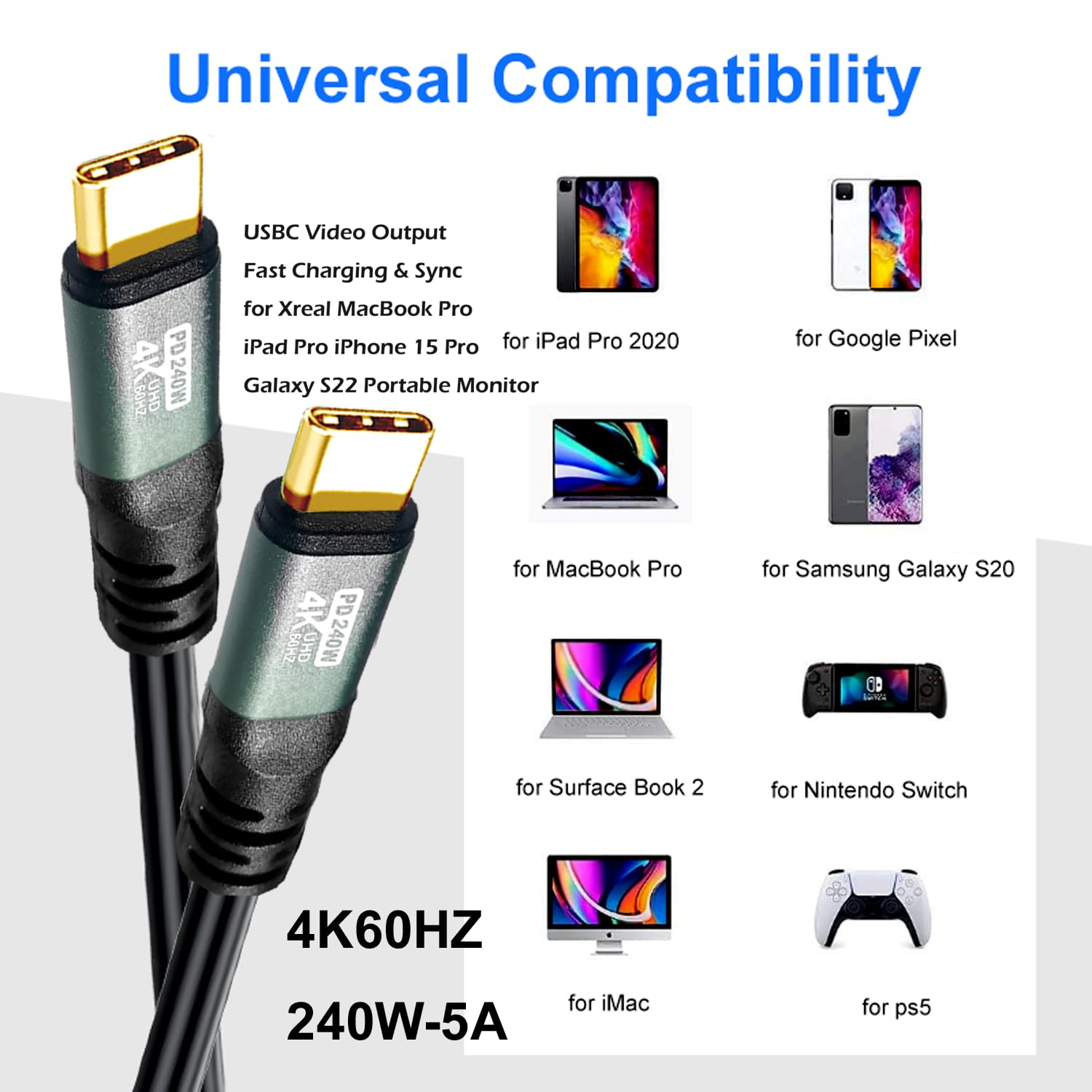 Cavo da tipo C a C, 0,9 m, 4K60HZ GEN2x2 (dati USB 2.0), uscita video di tipo C da USB 3.2/USB4.0 e sincronizzazione per monitor portatile Xreal MacBook Pro, iPad Pro, iPhone 15 Pro Galaxy