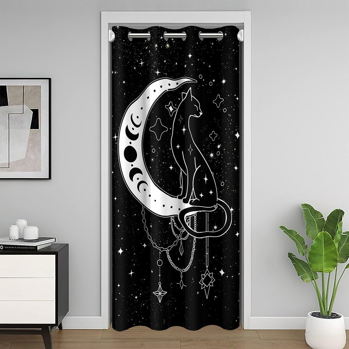 Castle Fairy Mysterious Cat Door Curtain for Youth Adult,Bohemian Moon Star Blackout Curtain 34" W X 80" L,Galaxy Starry Sky Black Door Drape Closet Door