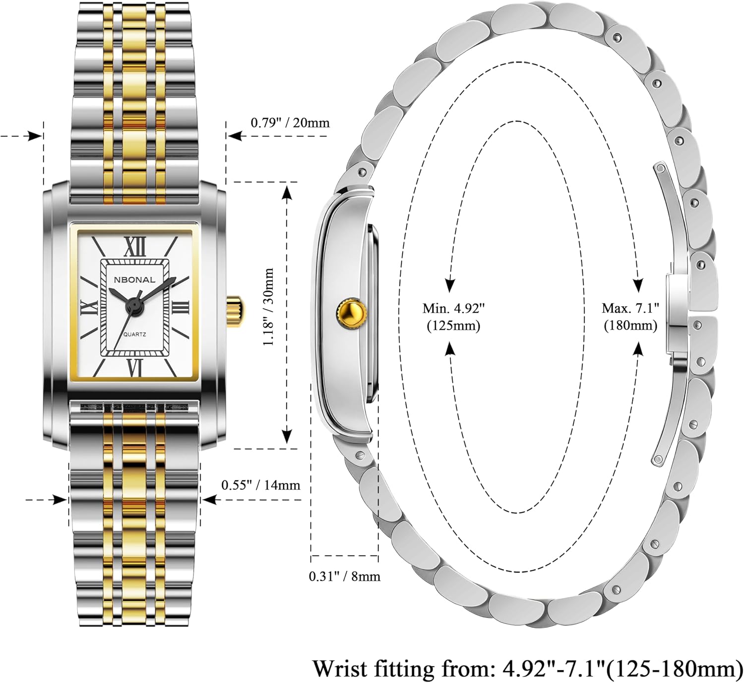NBONAL Women's Vintage Rectangle Watch, Gold Stainless Steel Band, White Roman Dial, Small Size, Water Resistant