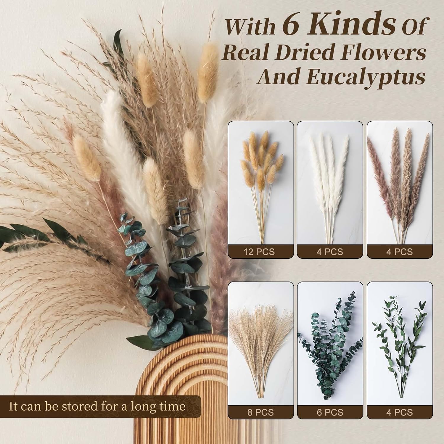 2 Pack Wooden Wall Vase Set with Pampas Grass Eucalyptus, Modern Farmhouse Boho Wall Decor for Living Room, Entryway, Hallway, Bathroom, Dining Room, Brown Wall Art for Home Decoration