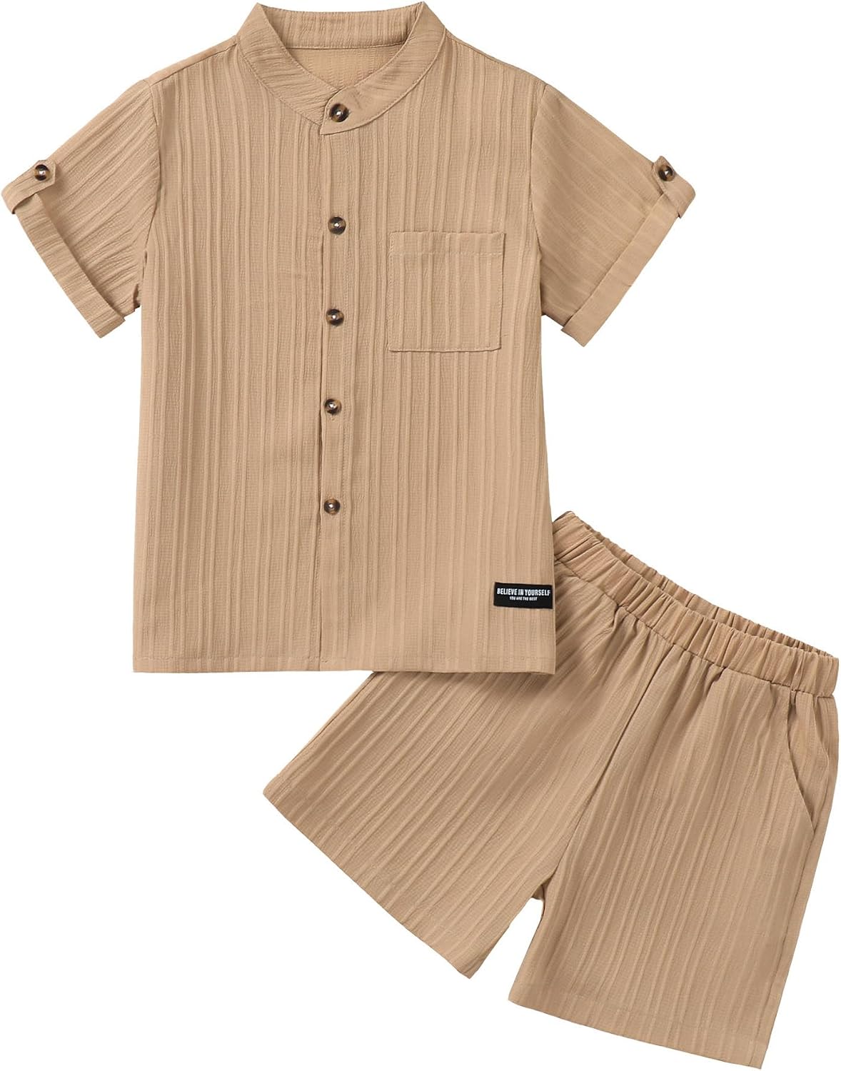 Boys Summer Vacation Outfit Mandarin Collar Shirt and Shorts Set Cruise Beach Wear