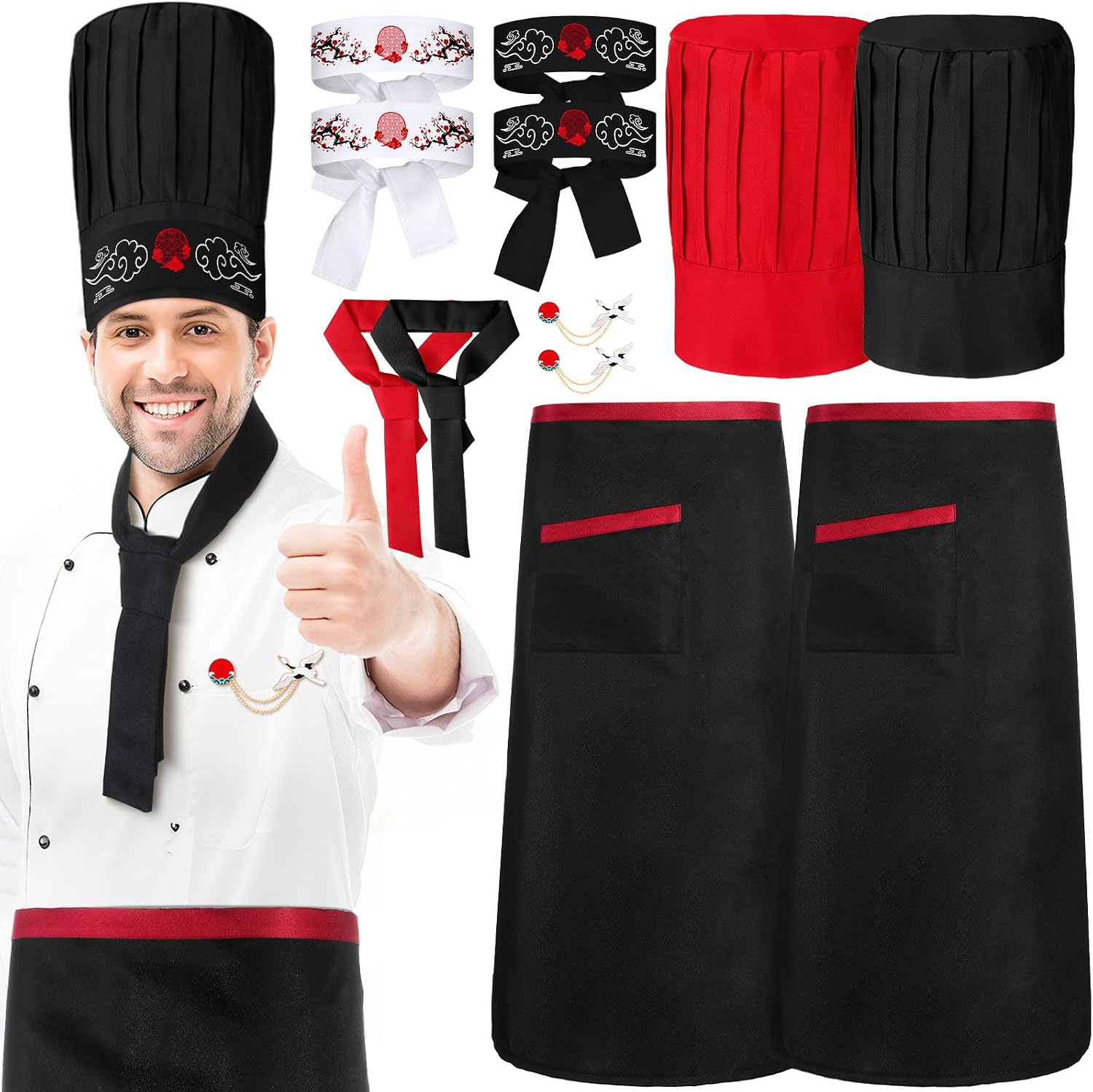 Bonuci 12pcs Hibachi Chef Costume Set Chef Hat Apron Japanese Headband Tie Flying Crane Brooch Cook Outfit for Hibachi Party Christmas BBQ Birthday Halloween Party Decorations
