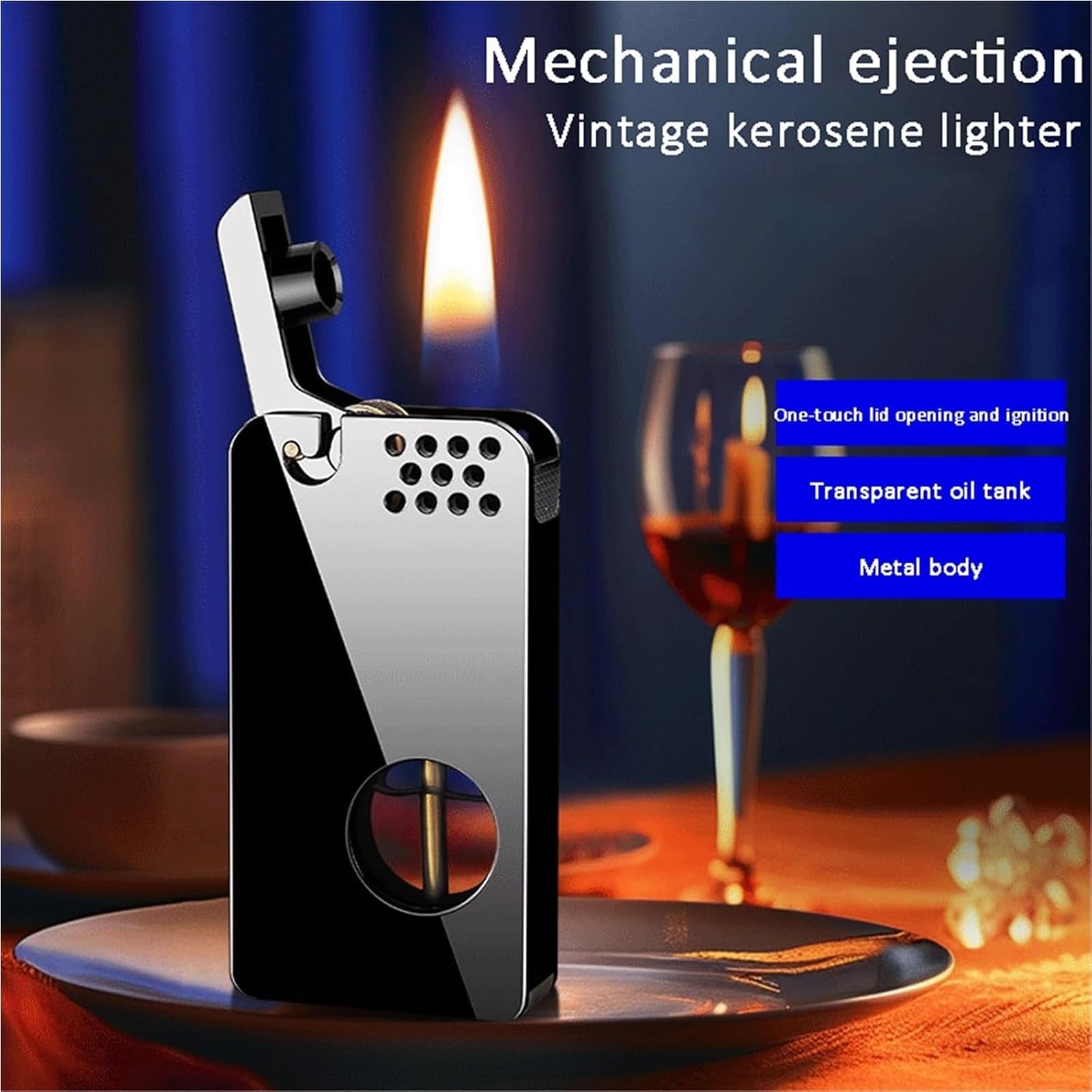 Briquet portable au kérosène coupe-vent, allumage à un bouton, réservoir de carburant transparent pour homme, design rétro avec fonction d'allumage automatique
