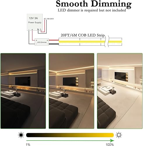 Miniatura 6 de JOYLIT Tira de luz LED COB de 12 V, impermeable, 20 pies, 19.7 ft, 2700 K, blanco cálido, CRI 93+ 320 LEDsM, cinta LED regulable uniforme uniforme