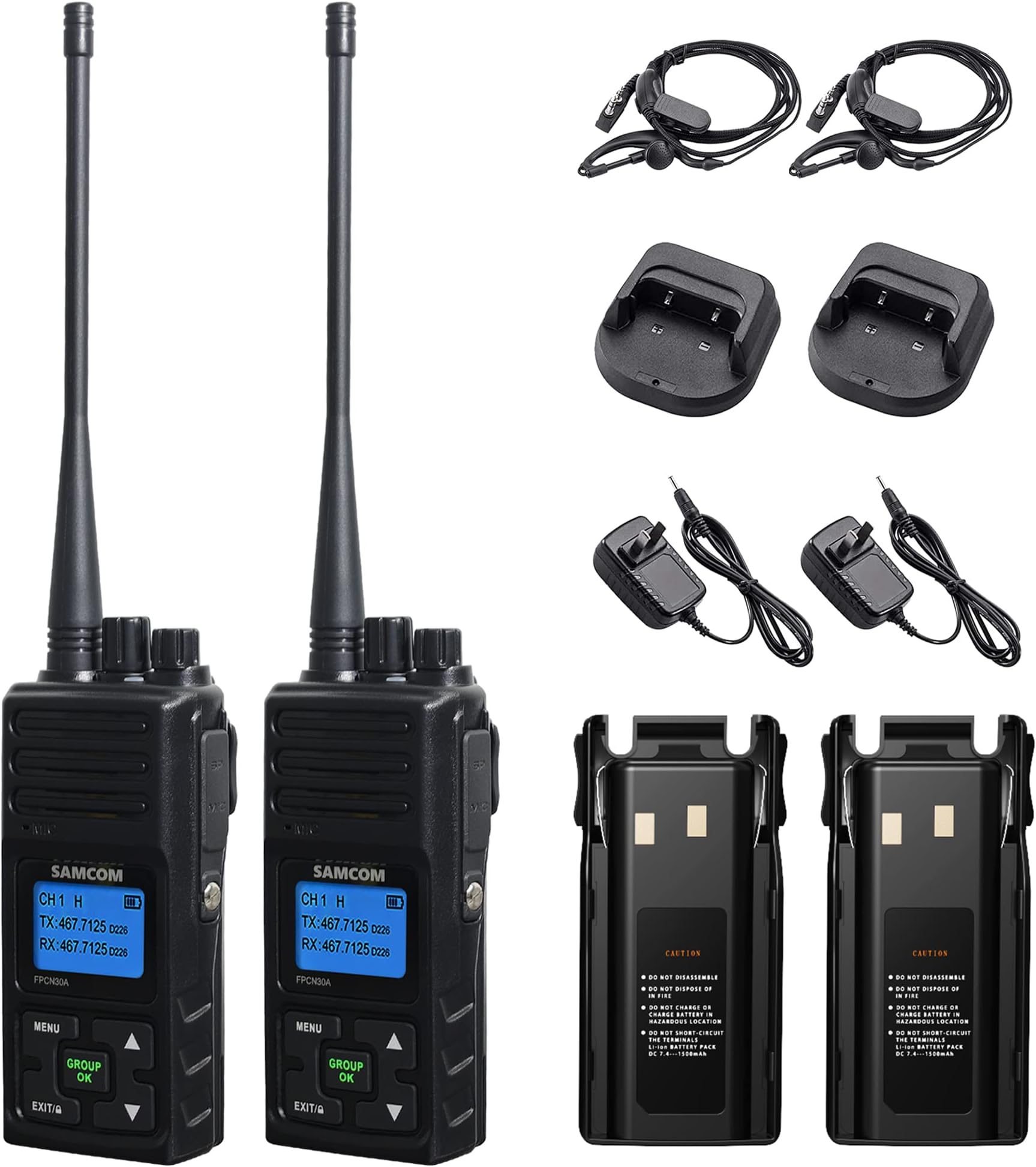 SAMCOM Long Range Radio Walkie Talkies for Adults, FPCN30A Two Way Radio Rechargeable, 5 Watt High Power 2-Way Radio, Programmable UHF Radios with Earpiece (Black 2 Pcs)
