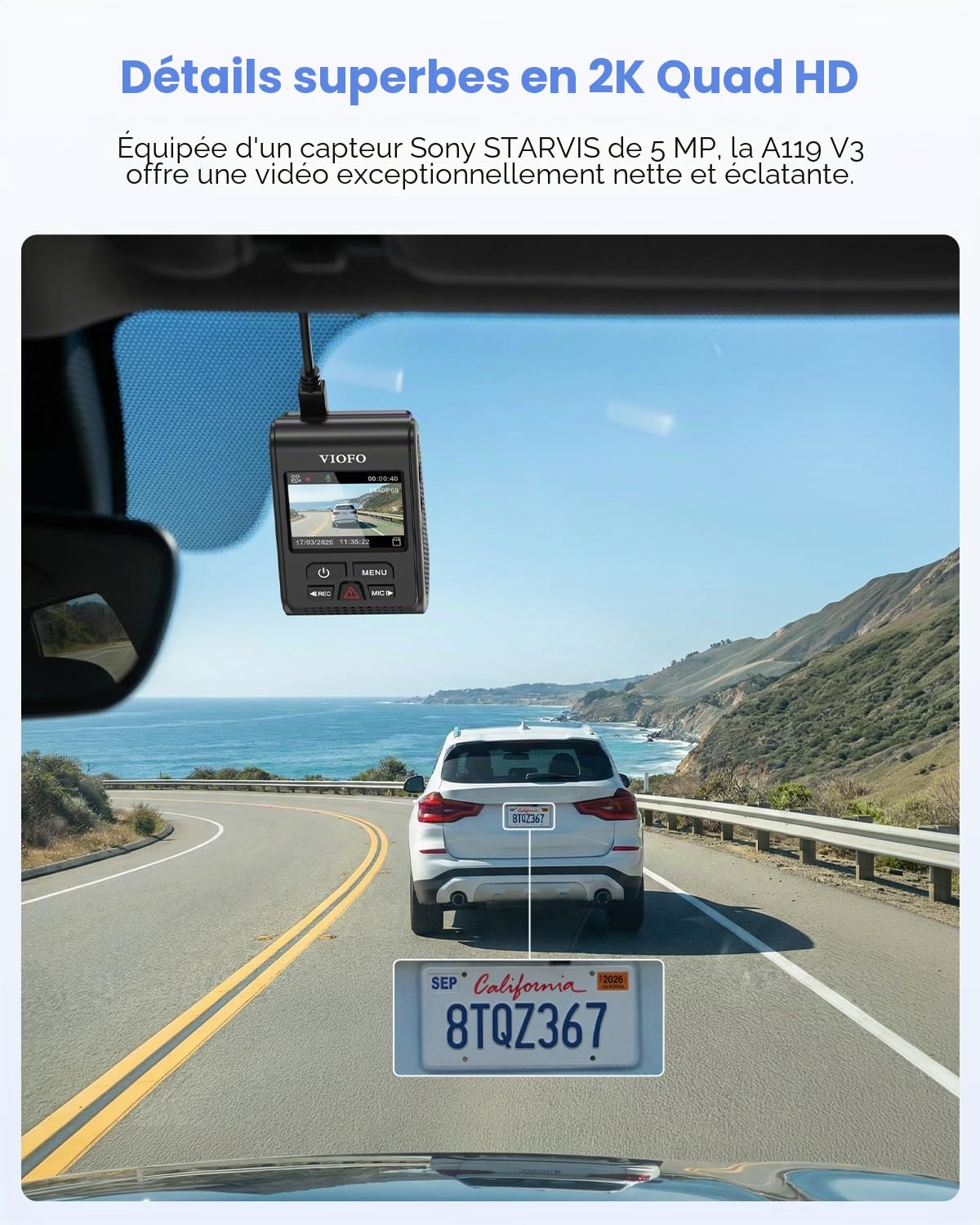 VIOFO A119 V3 Dashcam Avant avec GPS, Caméra de Voiture 2560x1600P Quad HD+ 140 Degrés, G-Sensor, Mode de Stationnement Tamponné, Détection de Mouvement, Enregistrement d'urgence, CPL Optionnel…