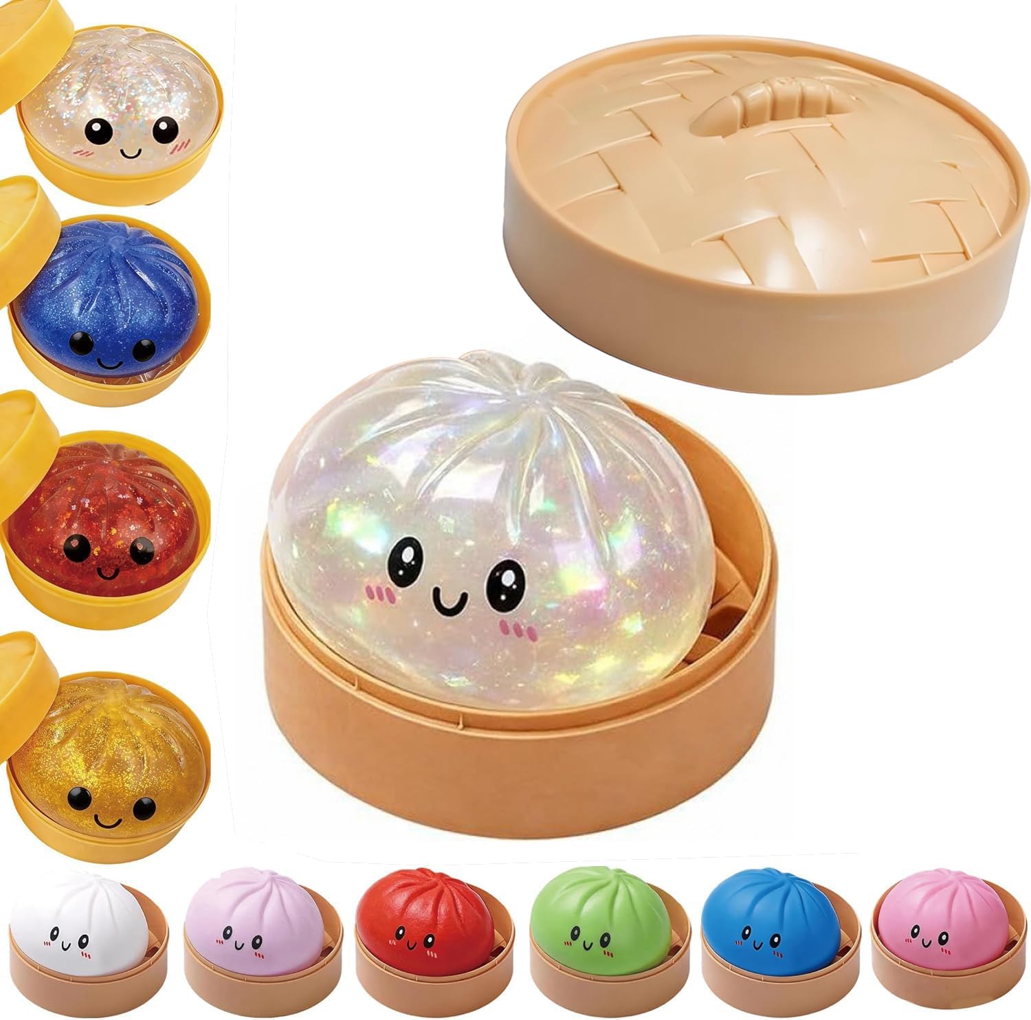 Colorful Dumpling Squishy Stress Balls with Steamer,Low Rising Glitter Squishy Dumpling Toy, Cute Simulation Food Squeeze Toys Soft Anxiety Relief Decompression Dough for Adults (Glitter White)