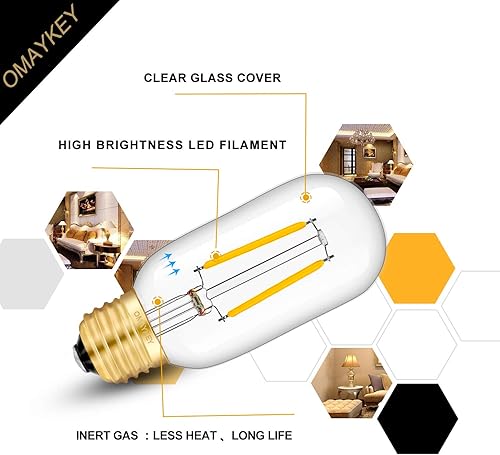Miniatura 9 de OMAYKEY Bombilla tubular LED de 2 W, 4000 K, luz diurna blanca, equivalente a 25 W, base E26 de 250 lúmenes, tubo Edison T45 antiguo, vidrio