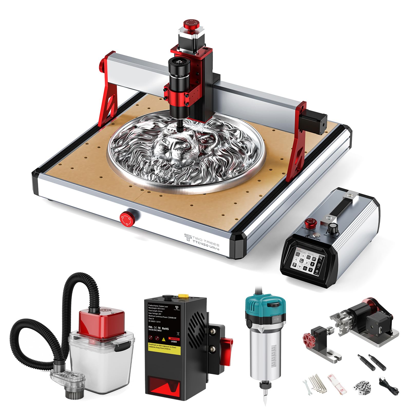 Twotrees TTC450 Ultra 500W CNC Fräsmaschine, 800W Frässpindel, 20W Lasermodul, M1 Staubabsaugung, CNC Drehachse, mit 3,5 Zoll Touchscreen Controller, Gravurmaschine für Metall, Aluminium, Holz