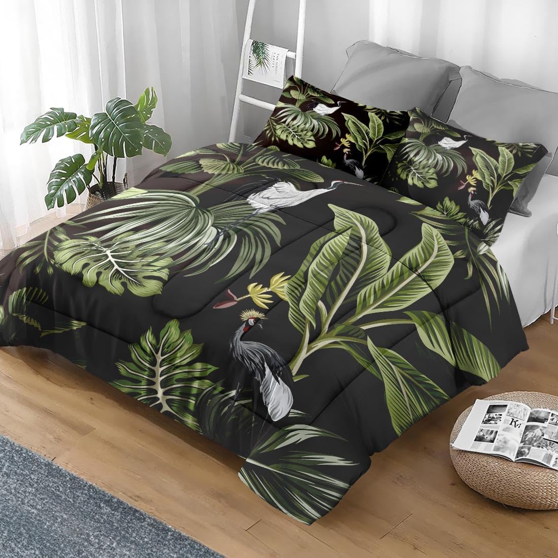 Comforter Set Full Size, Tropical Bird Leaves Vintage Soft 3 Pcs Bedding for Kids and Adults, Palm Leaf Comforter Set with Pillowcase, for Bedroom Bed Decor - Image 2