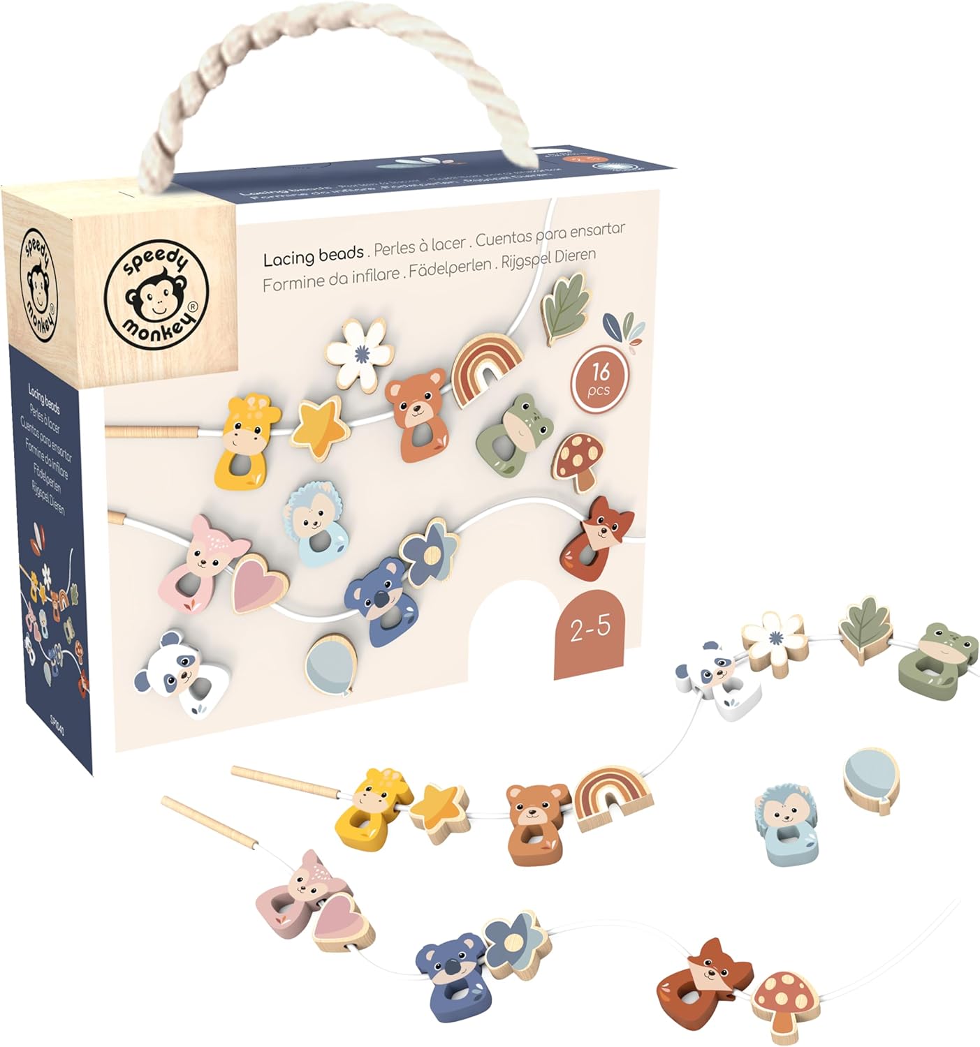 SPEEDY MONKEY Wooden Lacing Beads Set for Toddlers 24m+ | Animal Threading, Sorting & Stacking Toy | Fine Motor Skills & Hand-Eye Coordination | Shape, Color & Pattern Learning Activity Toy for Kids