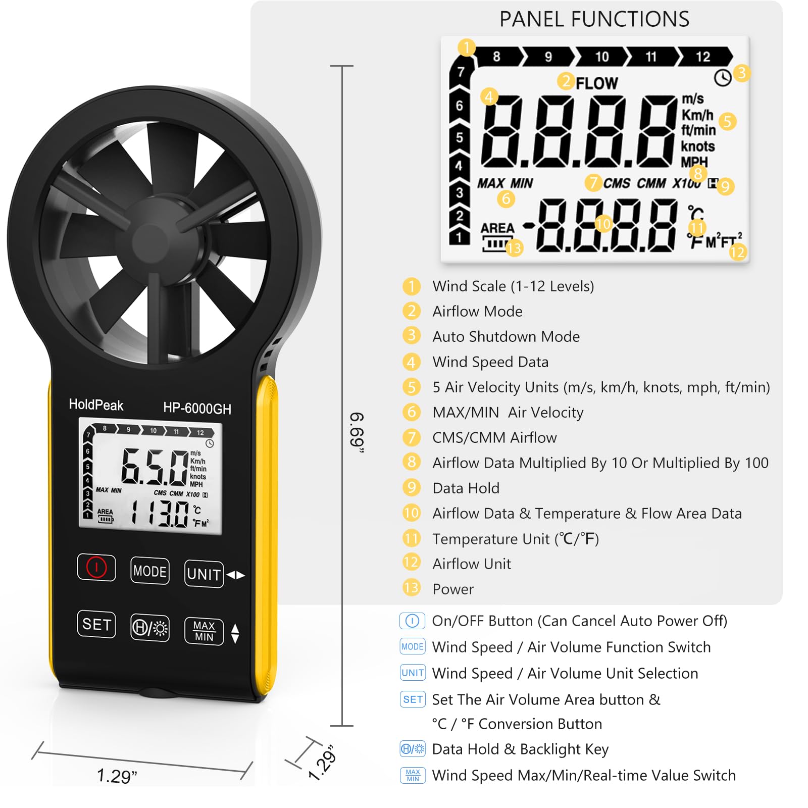 HOLDPEAK Anemómetro Digital VMC Medición de la Velocidad del Viento Temperatura USB C Pantalla LCD Retroiluminada Anemómetro Portátil Exterior Kitesurf