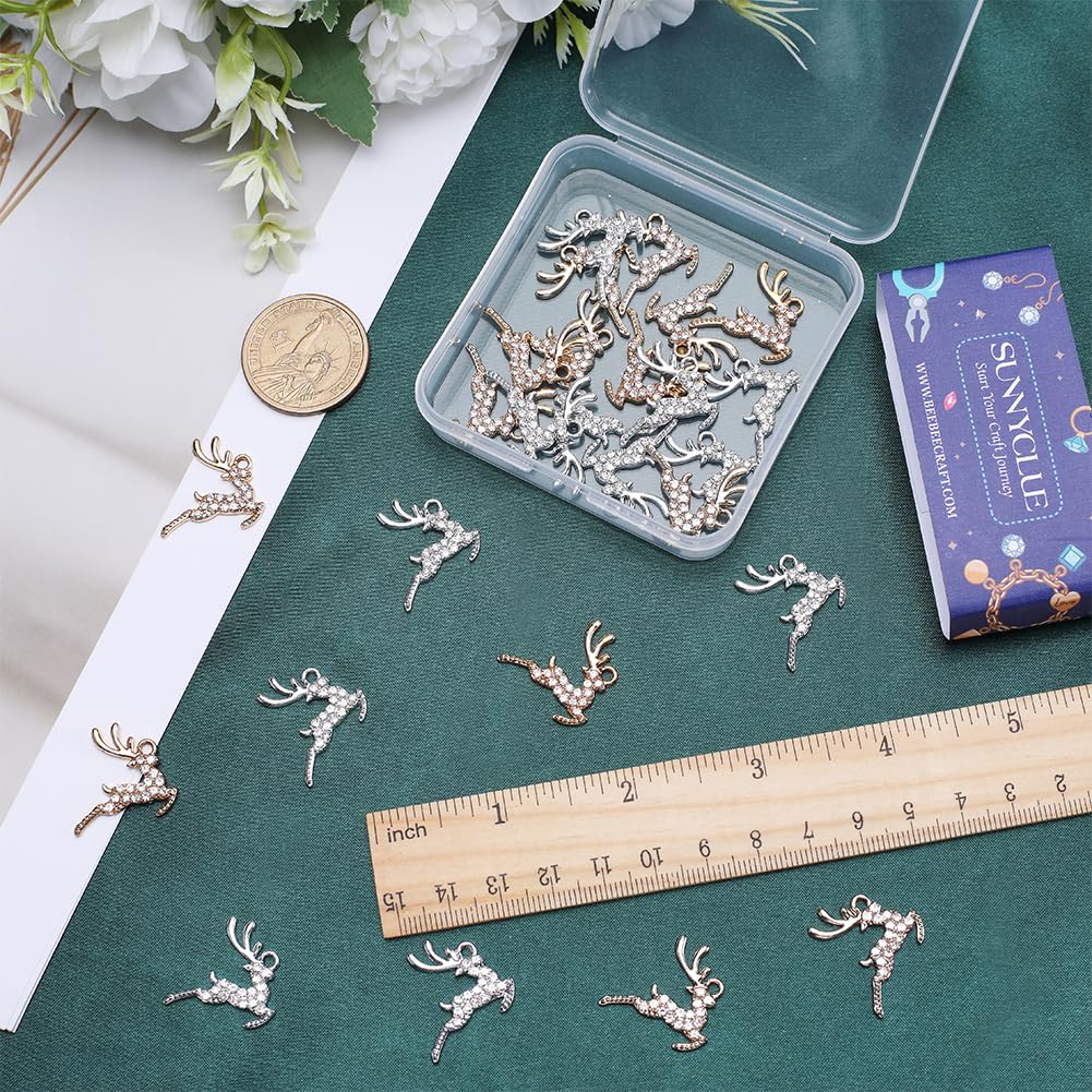 SUNNYCLUE 1 Box 32Pcs Christmas Charms Reindeer Charms Micro Pave Cubic Zirconia Rhinestone Deer Golden Silver Forest Animal Winter for jewellery Making DIY Necklace Craft Supplies - Image 3