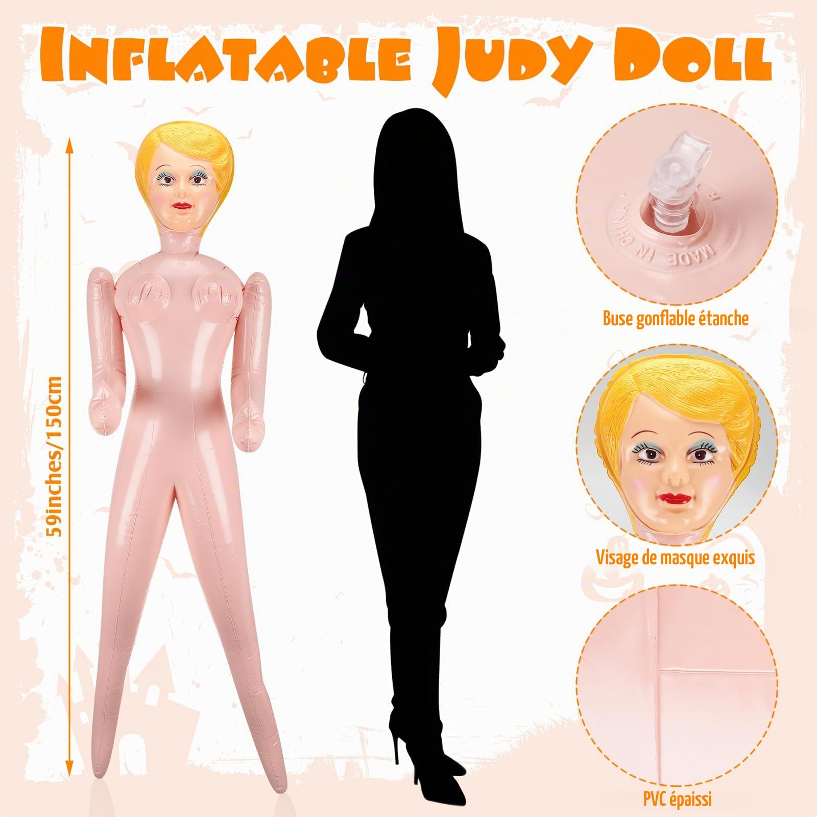 Liliful Poupée Gonflable de 150 cm pour Enterrement de Vie de Jeune Fille, Accessoires de fête d'halloween, décoration de poupée Judy