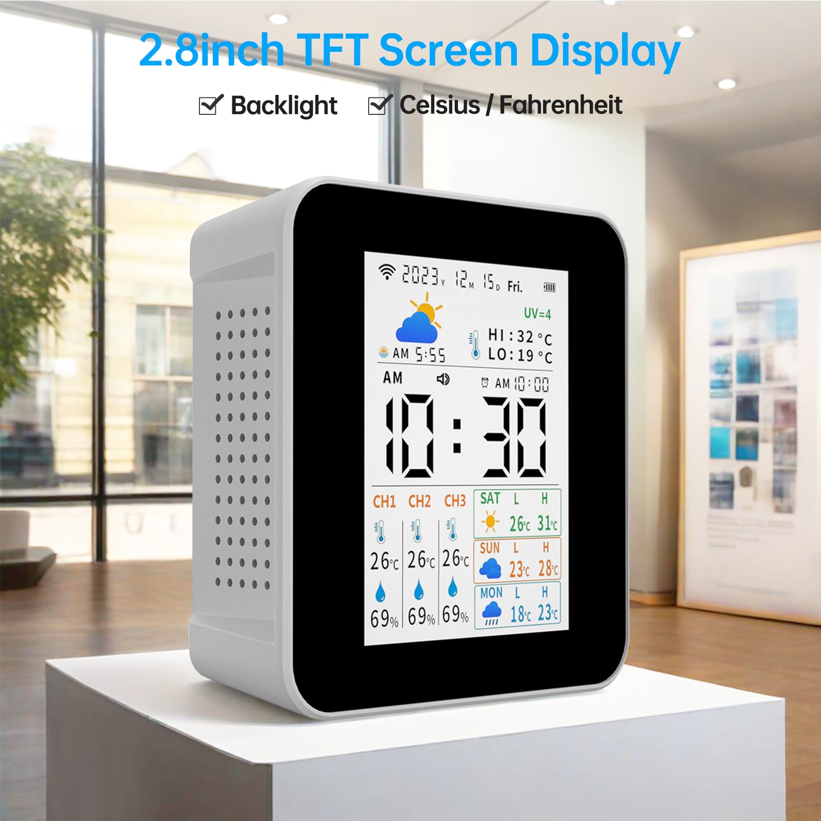 Termómetro para interiores y exteriores, estación meteorológica inalámbrica Tuya con 3 sensores, medidor de humedad y temperatura, monitor de pronóstico en tiempo real, compatible (con 1 sensor)