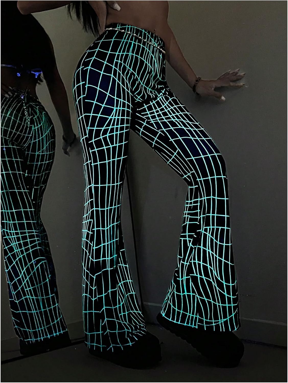 Milumia Women's Geometric Plaid Bell Bottoms Y2K Sheer Flare Leg Mesh Pants - Image 3