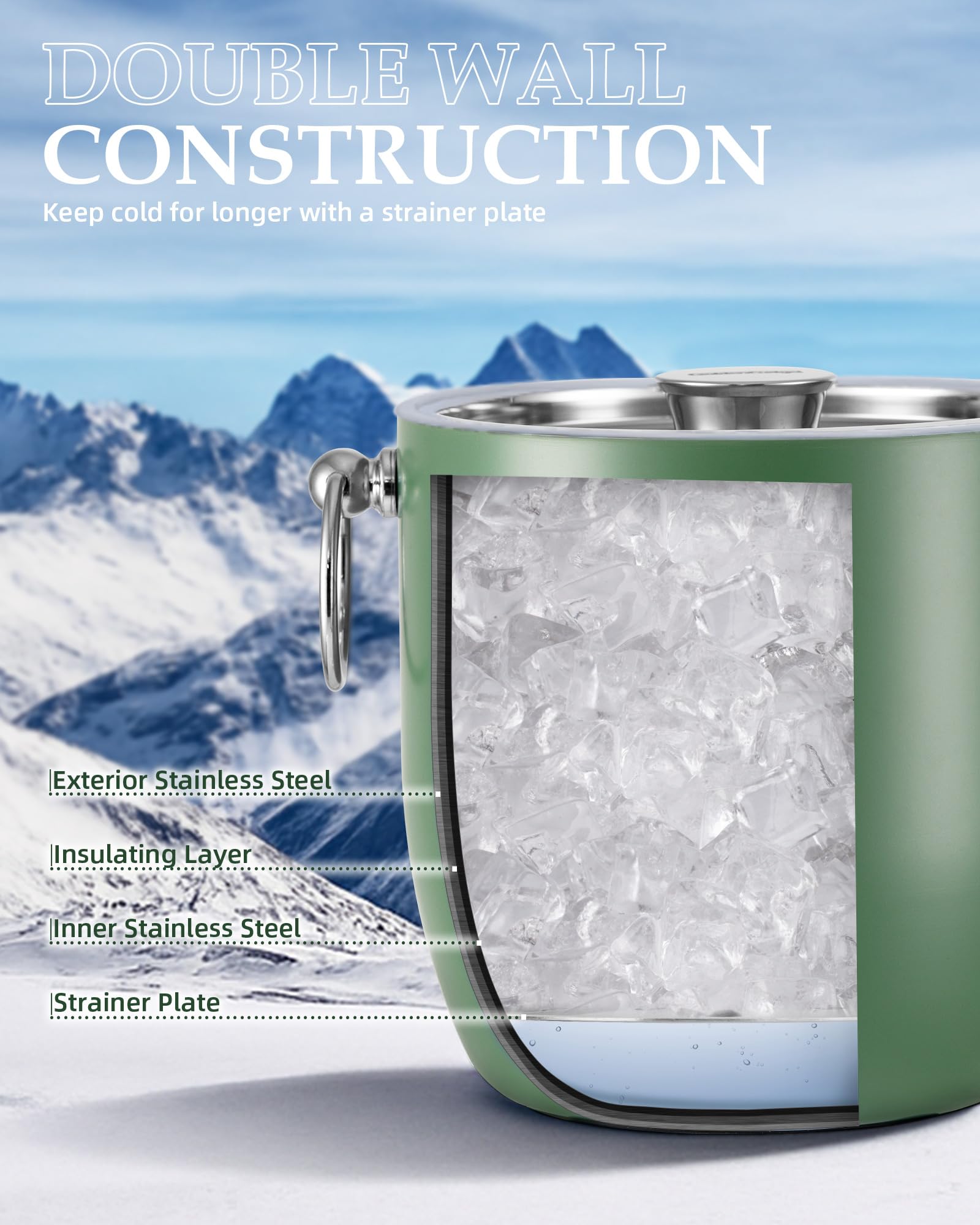 Seau à glace isotherme à double paroi en acier inoxydable de 3 L avec pince, couvercle, cuillère et passoire, seau à glace pour fêtes, bars à cocktails, bière rafraîchissante, champagne