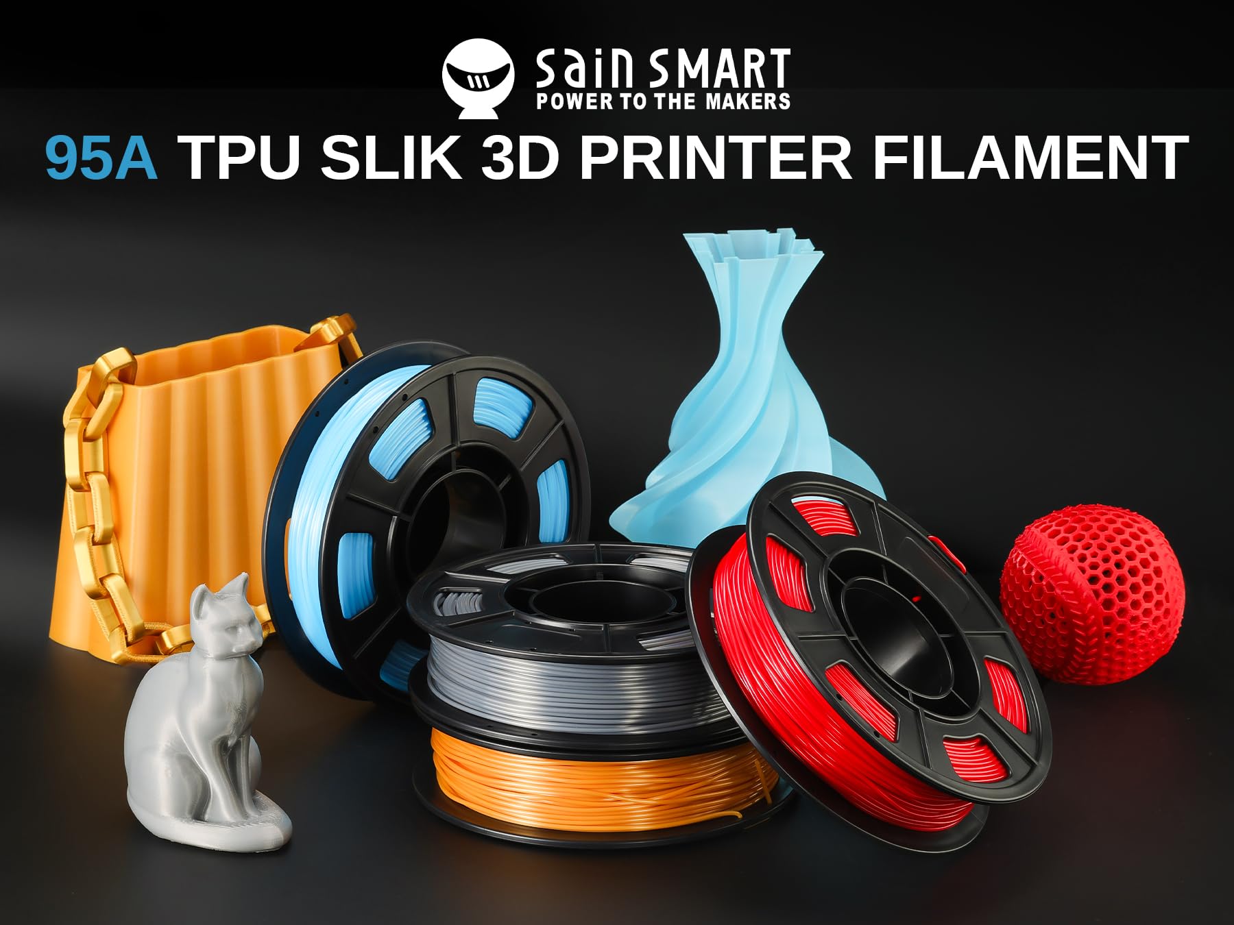 Zestaw filamentów SainSmart Silk TPU, elastyczny filament TPU do drukarek 3D 95A, 1,75 mm, błyszcząca powierzchnia jedwabista, zestaw 4 x 250 g, złoty, ciemnosrebrny, niebieski, czerwony