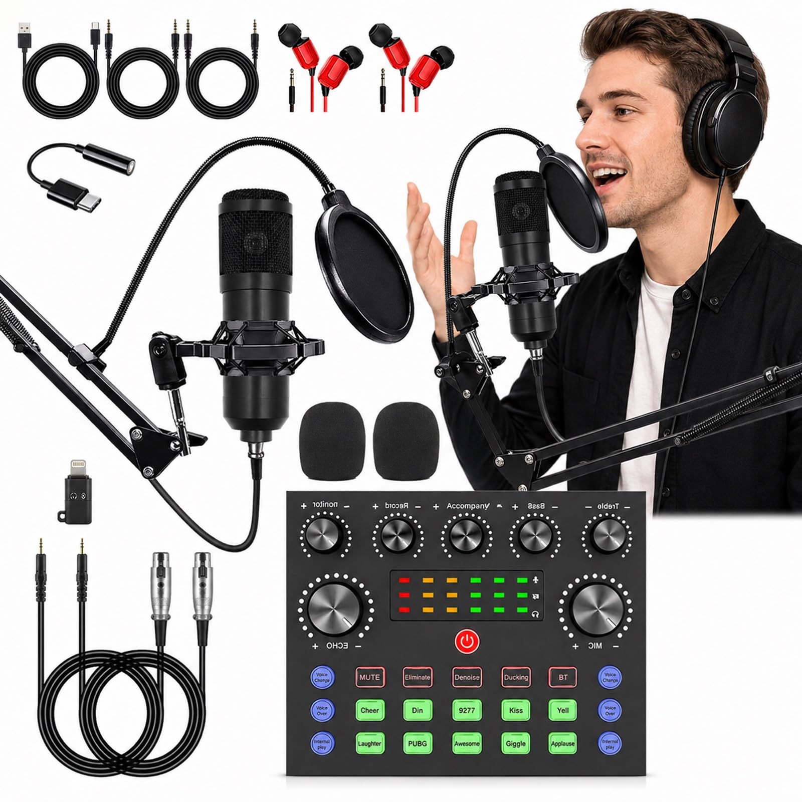 Interfaz De Audio Profesional Con 2 Micrófonos Condensador Y Tarjeta De Sonido Para DJ, Paquete De Equipo Para Podcast Para 2 Personas, Kit Podcast Para Principiantes Para Juegos De PC(Negro)