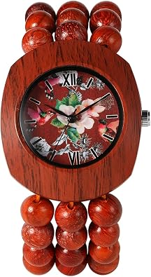 Lancardo Womens Bohemian Tonneau Watch Quartz Handmade Natural Wooden Beaded Elastic Strap Wrist Watch Floral Dial Fashion Cuff Watch Daily Casual Summer Red