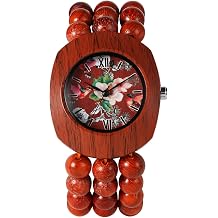 Lancardo Womens Bohemian Tonneau Watch Quartz Handmade Natural Wooden Beaded Elastic Strap Wrist Watch Floral Dial Fashion Cuff Watch Daily Casual Summer Red