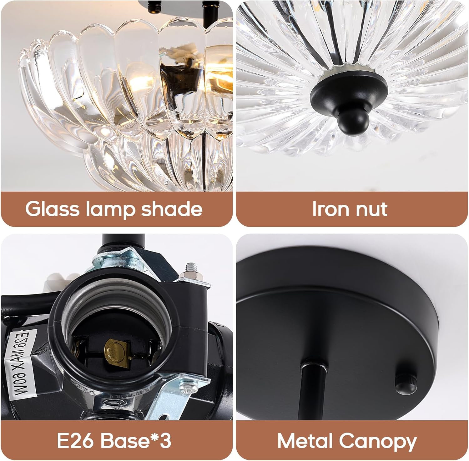 semi Flush Mount Ceiling Light Fixture - 3-Light Vintage Crystal Glass with Black Metal Frame, Modern Close-to-Ceiling Lighting for Bedroom, Kitchen, Living Room or Hallway, e26 Base