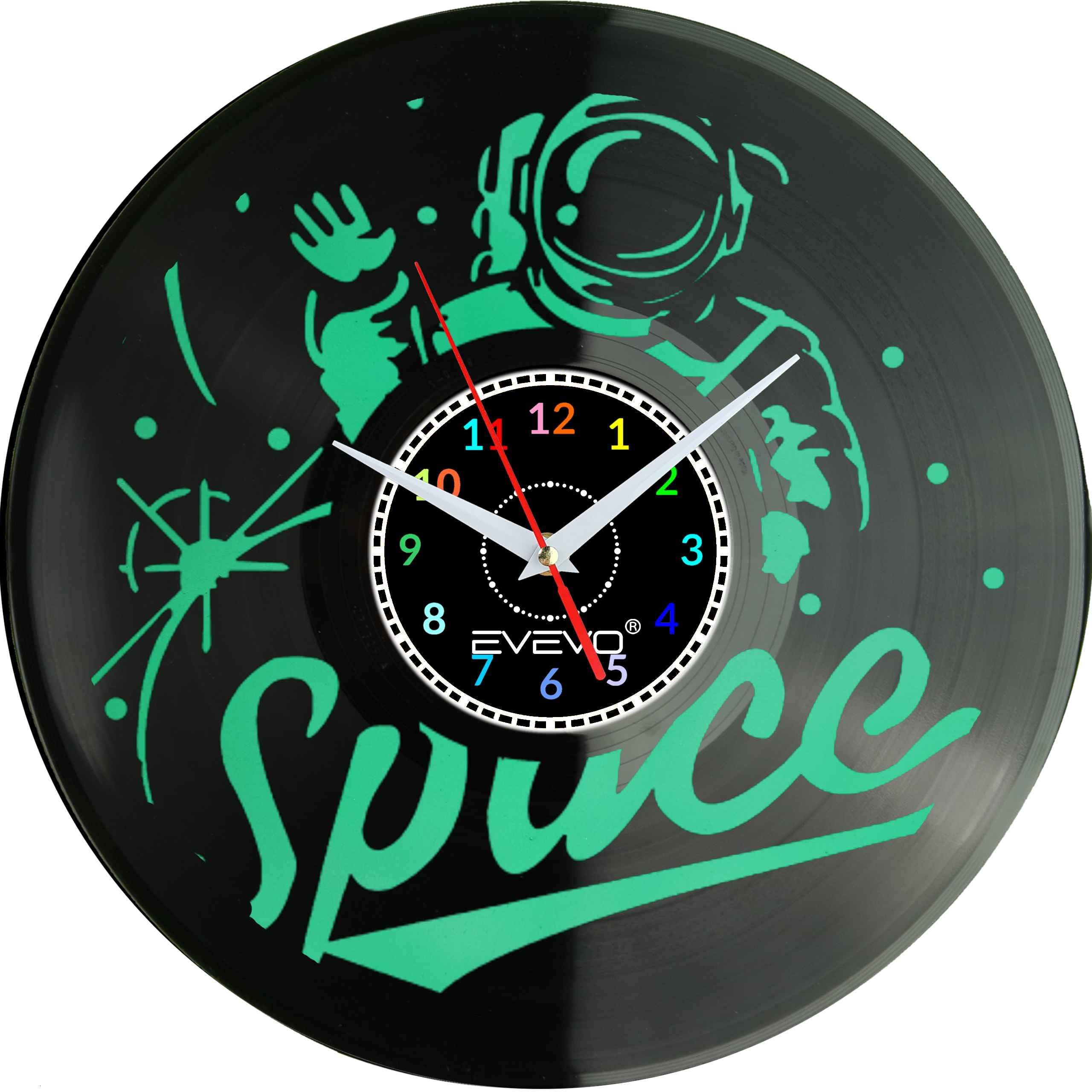 ZEGAR ŚCIENNY KOSMONAUTA ASTRONAUTA FLUORESCENCYJNE TŁO PŁYTA WINYLOWA PREZENT UPOMINEK URODZINY GIFT SOUVENIR F0038