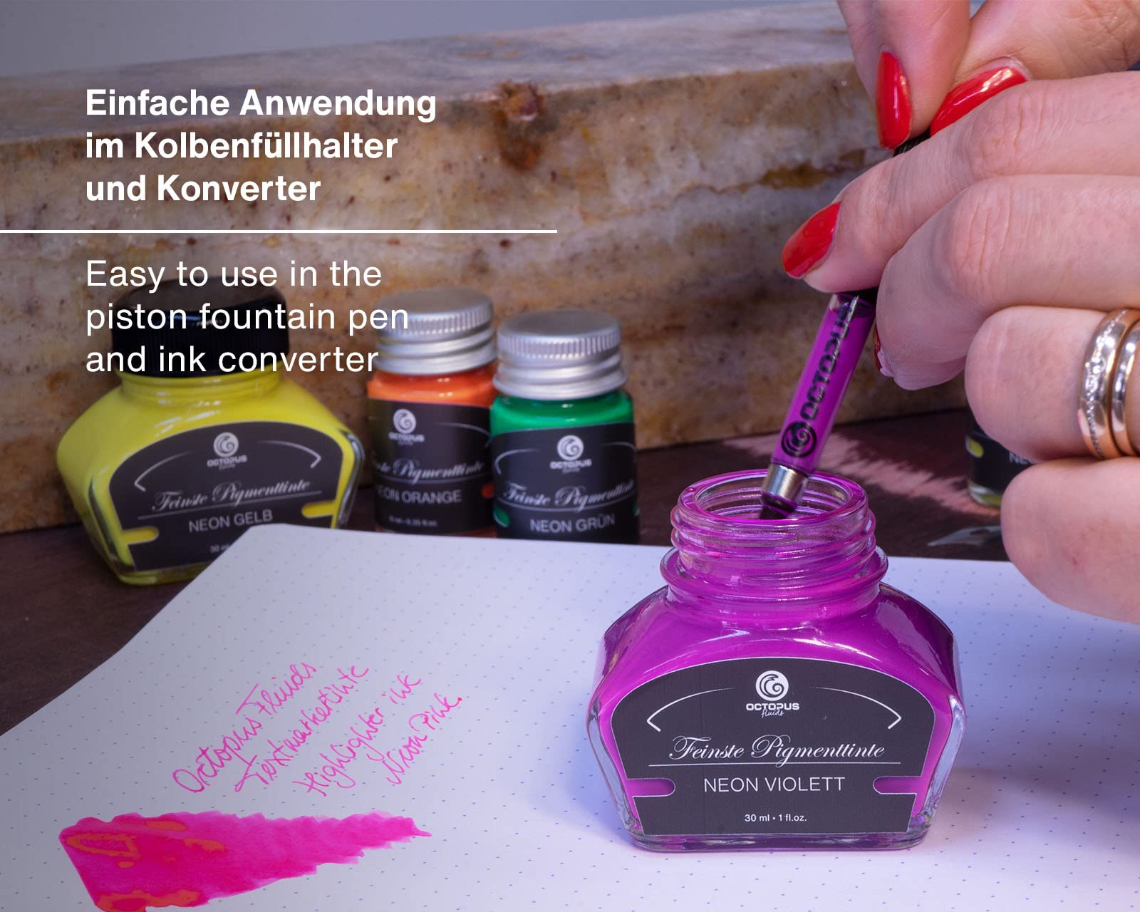 Octopus Fluids Neon-Textmarkertinte für Füllhalter, 6 x 30 ml | Sechs Neonfarben, pigmentiert und lichtecht, zum Markieren und Schreiben, fluoreszierend unter UV-Licht