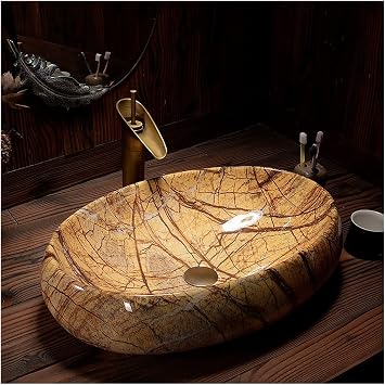 SUNESA Bathroom Vessel Sink Ceramic Oval Countertop Basin Marble Pattern Bathroom Washbasin Household Washbasin Single Basin Sink Basins Bathroom Sink
