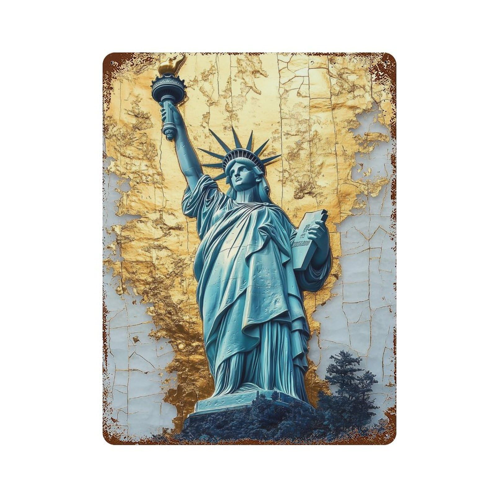 Golden Statue of Liberty Rustic Tin Plaque 15.7"x11.8", for Pub, Kitchen And Man Cave Decor, Vintage Wall Decor