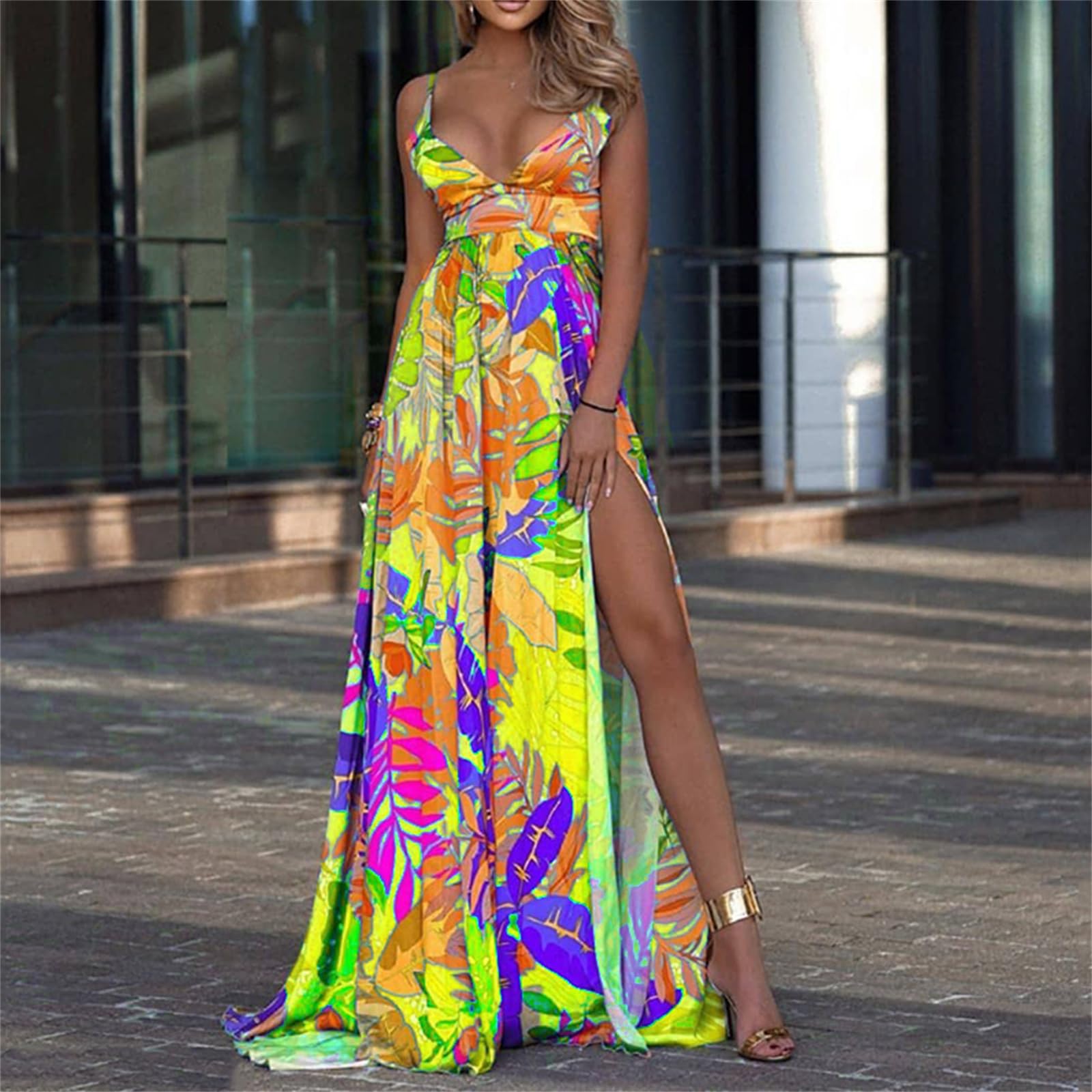 Vestidos de Verano Vestidos de Verano para Mujeres Vestidos Largos Relajados de Verano, Tirantes, Hombros Fríos Vestidos Largos Divididos, HUTALIM, Amarillo, XXL