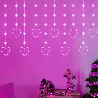 YOLIGHT Heart Curtain Lights, 9.8ft Valentines Day Decoration, USB sLED Hearts String Lights, Light up Heart Hanging Lights for Valentines Mothers Day Room Decor Pink