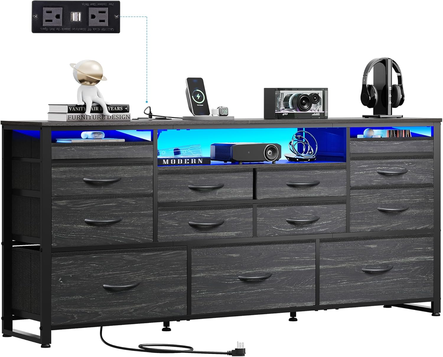 WLIVE Black TV Stand for 60, 65, 70 inch TV, Large Entertainment Center with 6 Fabric Drawer, TV Media Console Table with Wood Top, Adjustable Feet for Living Room, Hallway