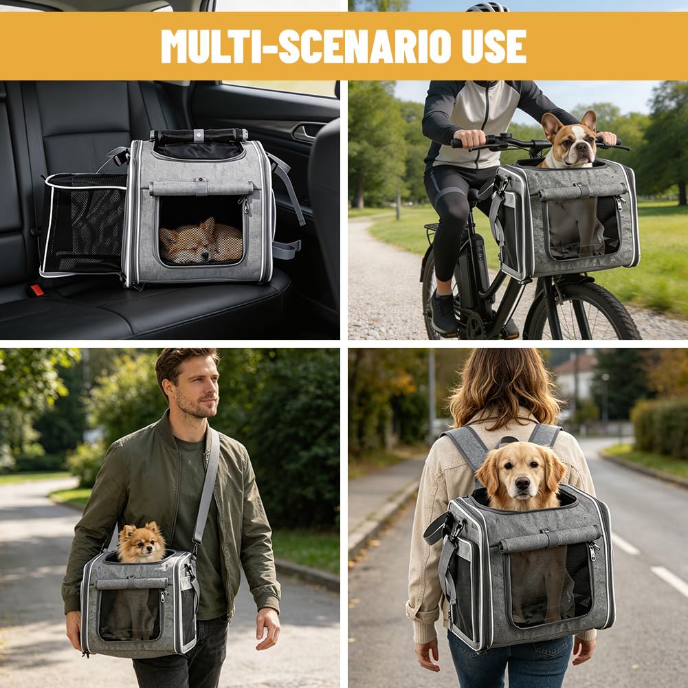 Panier de vélo pour chien avant 4 en 1, sac à dos extensible pour chien, panier de vélo pour chien, gris, sac de voyage pliable avec 4 fenêtres en maille et 4 portes ouvertes, panier de vélo pour