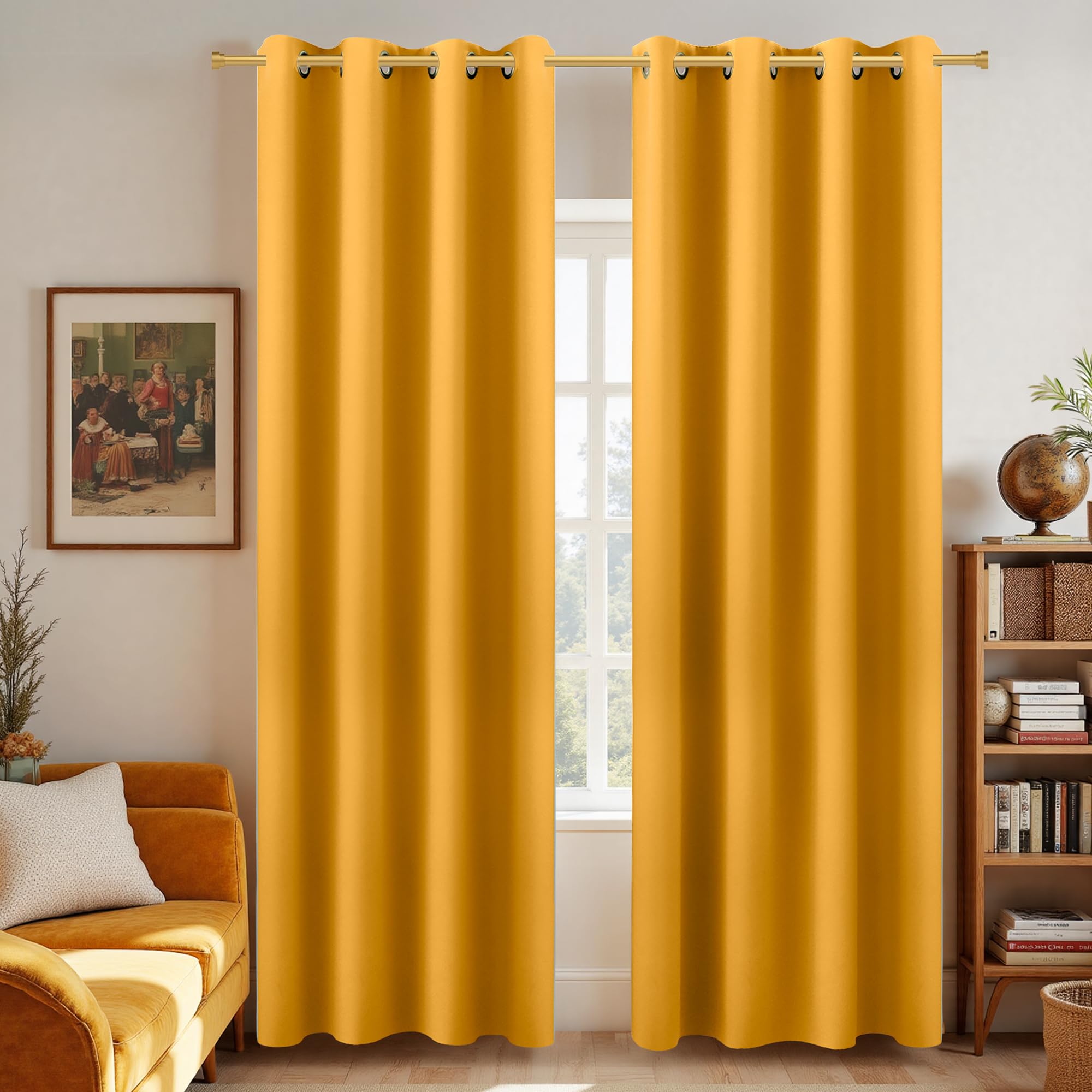 KOUFALL Yellow Curtains 96 Inches Long for Living Room Pair Set of 2 Panels Grommet Room Darkening Blackout Window Curtains for Bedroom 52 x 96 Inch Length Mustard Yellow — image 1