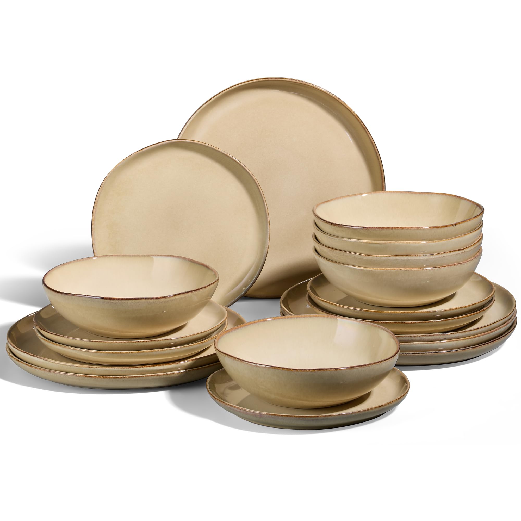 Joyfair Dinner Set, 18 Pieces Stoneware Dinnerware Set Service for 6, Reactive Glaze Irregular Shape Plates and Bowls, Chip & Scratch Resistant, Microwave & Dishwasher Safe, Sandy Khaki