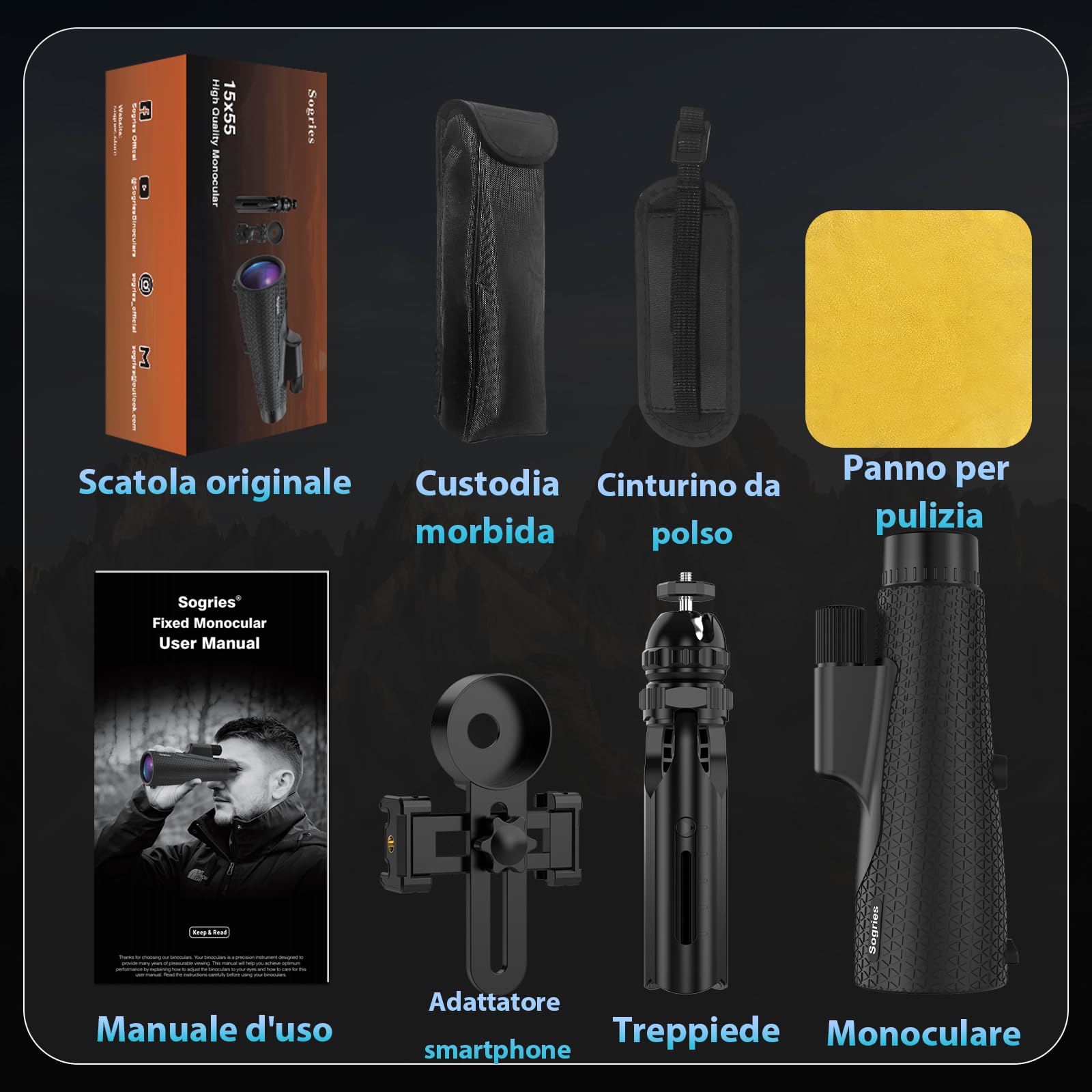 Sogries Monocolo 15x55 con Treppiede e Adattatore Smartphone | Prisma BAK4 e lenti FMC | Obiettivo 55 mm luminoso | Rotazione 360° | Design antiscivolo | Cinturino da polso incluso