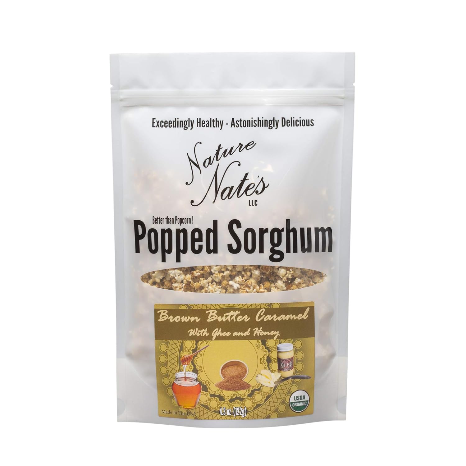 Nature Nate’s Popped Sorghum, Brown Butter Caramel - Organic, Keto & Gluten Free, Healthy Snacks, Better Than Popcorn, Made in USA - 4.3 Ounce (Pack of 2)