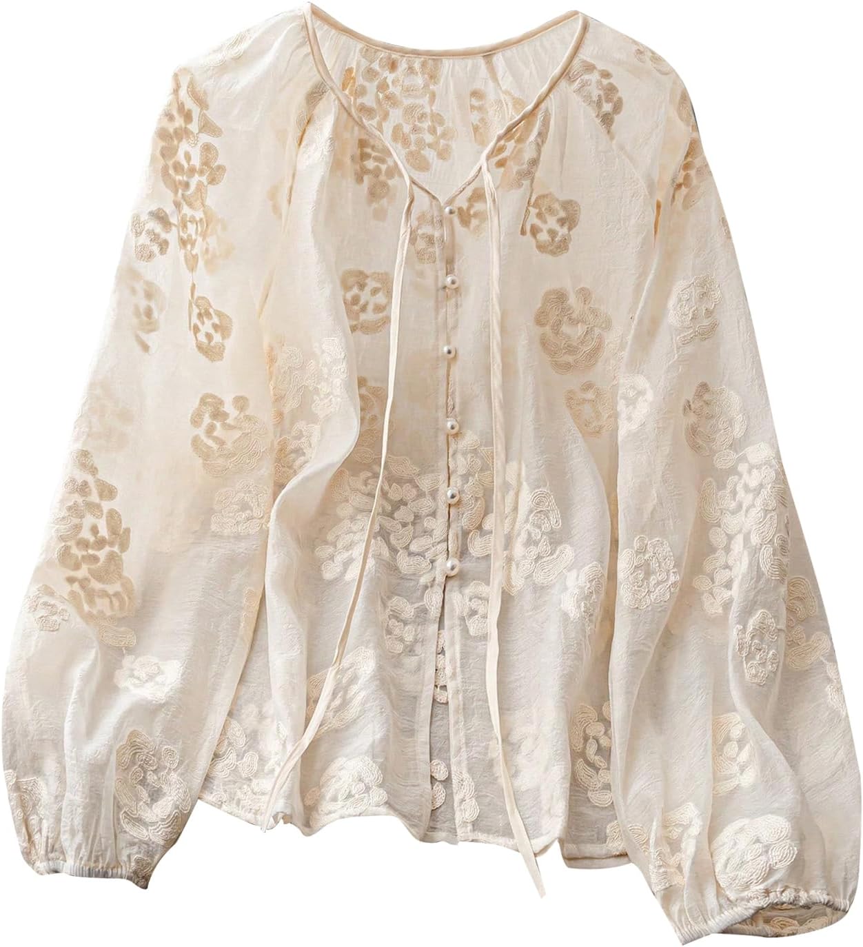 GORGLITTER Women's Boho Peasant Blouses Floral Embroidered Tops Summer Sheer Tie Front Flowy Long Sleeve Button Up Shirts