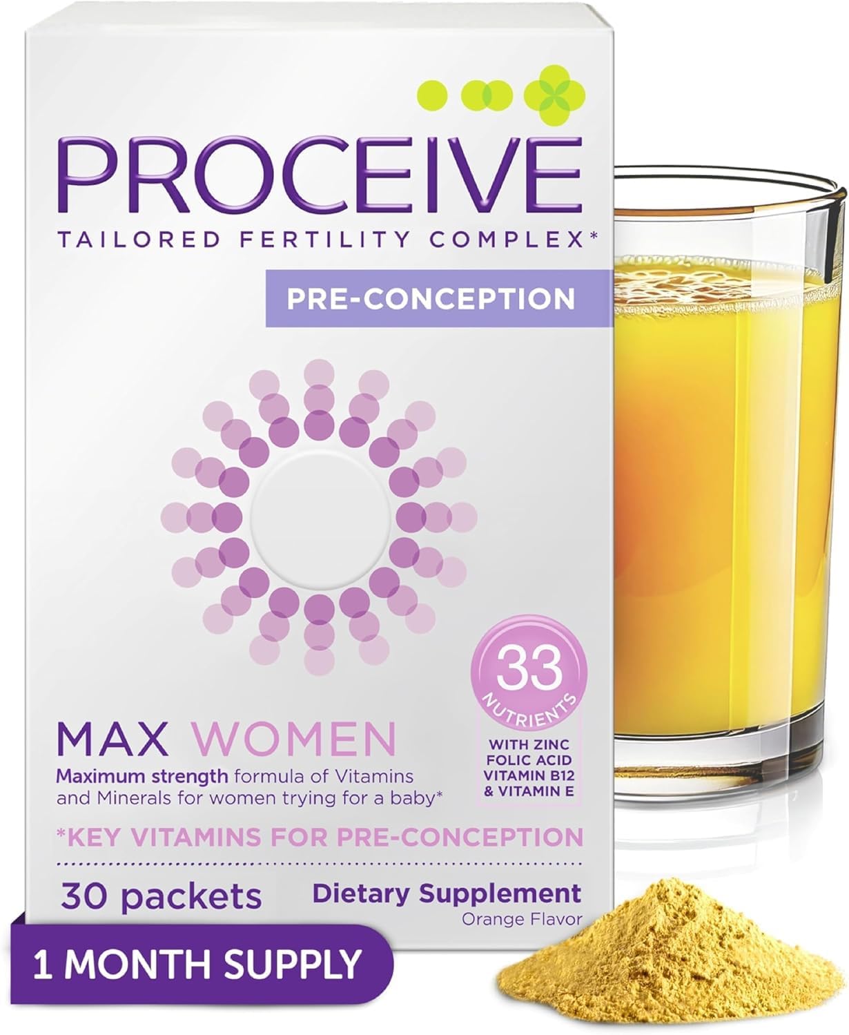Max Tailored Fertility Supplement for Women, Pre Conception Vitamins, Minerals, and Amino Acids with Vitamin D, Zinc, Myo Inositol, and Folate, 30 Vegan Drink Mix Packets, Orange Flavor