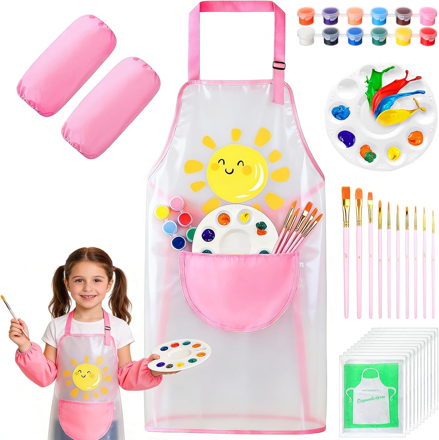 Elisel Kids Art Smock, Toddlers Painting Apron Waterproof for Children Artist Smock With Sleeve,paint brushes,Colors Paint，Palettes，10pc Disposable Aprons for Kids Pink