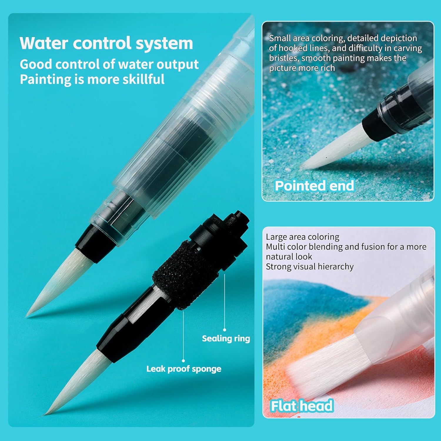 Refillable Watercolour Brush Pens Set: 6 Pcs Water Paint Brush with Refillable Reservoir - Water Brushes with Fine, Medium, and Large Tips for Watercolour Painting, Sketching