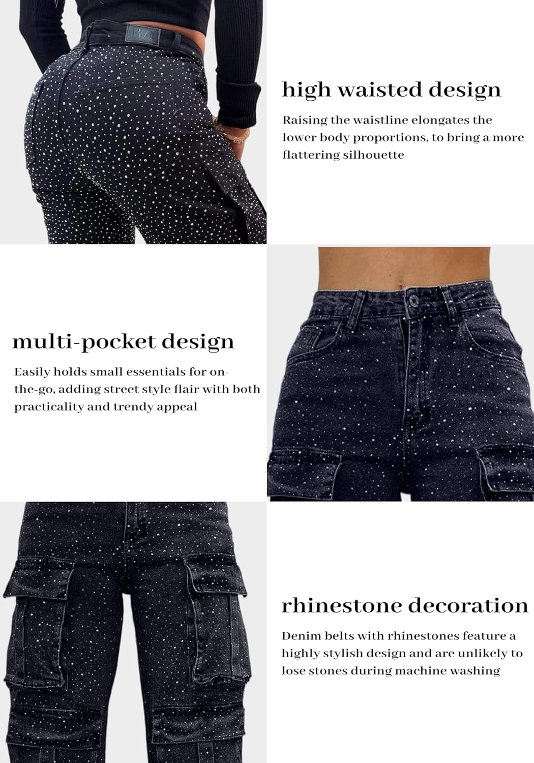 LKOUS Women's Rhinestone Cargo Jeans High Waisted Baggy Boyfriend Y2K Sparkly Stretch Denim Pants with Deep Pockets